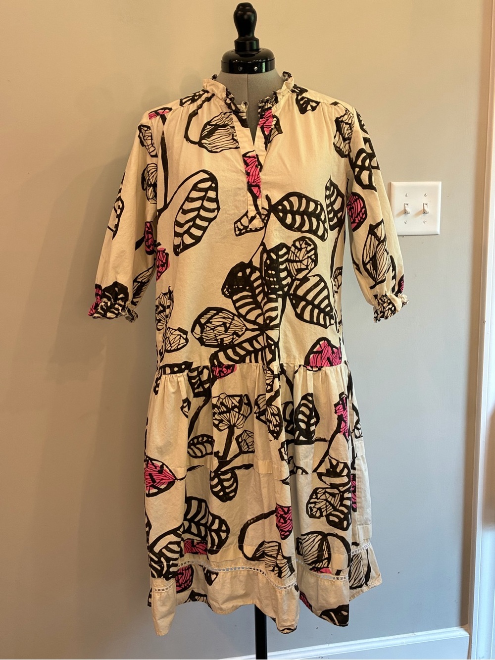 Cream Tiered Midi Maude Vivante Dress with Black Leaf Print and Pink Accent 0085